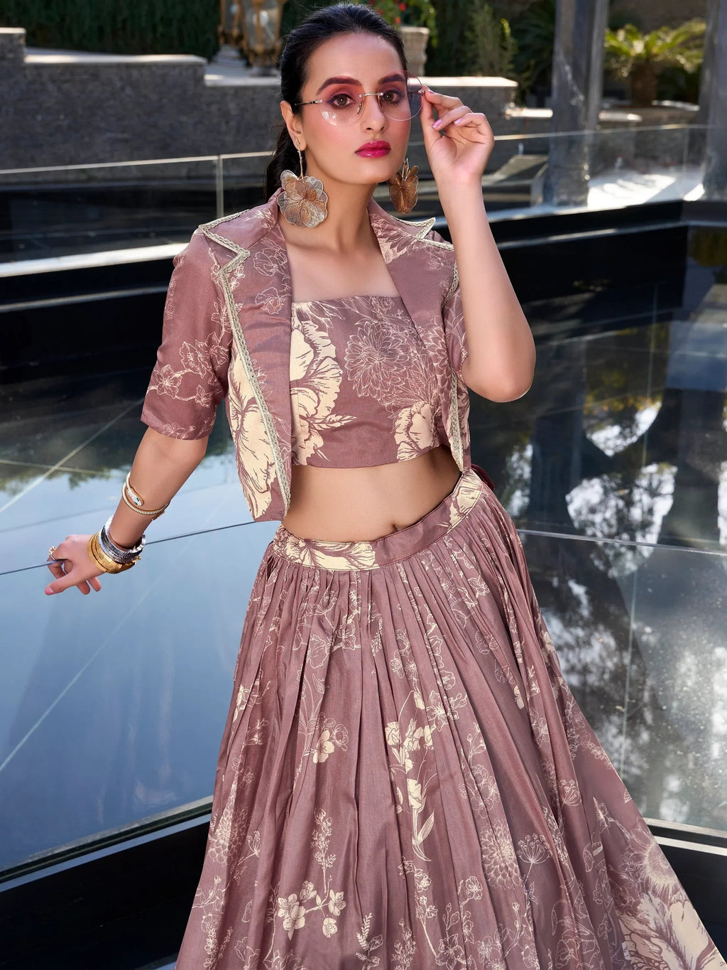 Graceful Mauve Floral Print Tussar Silk Party Wear Crop Top Lehenga With Jacket