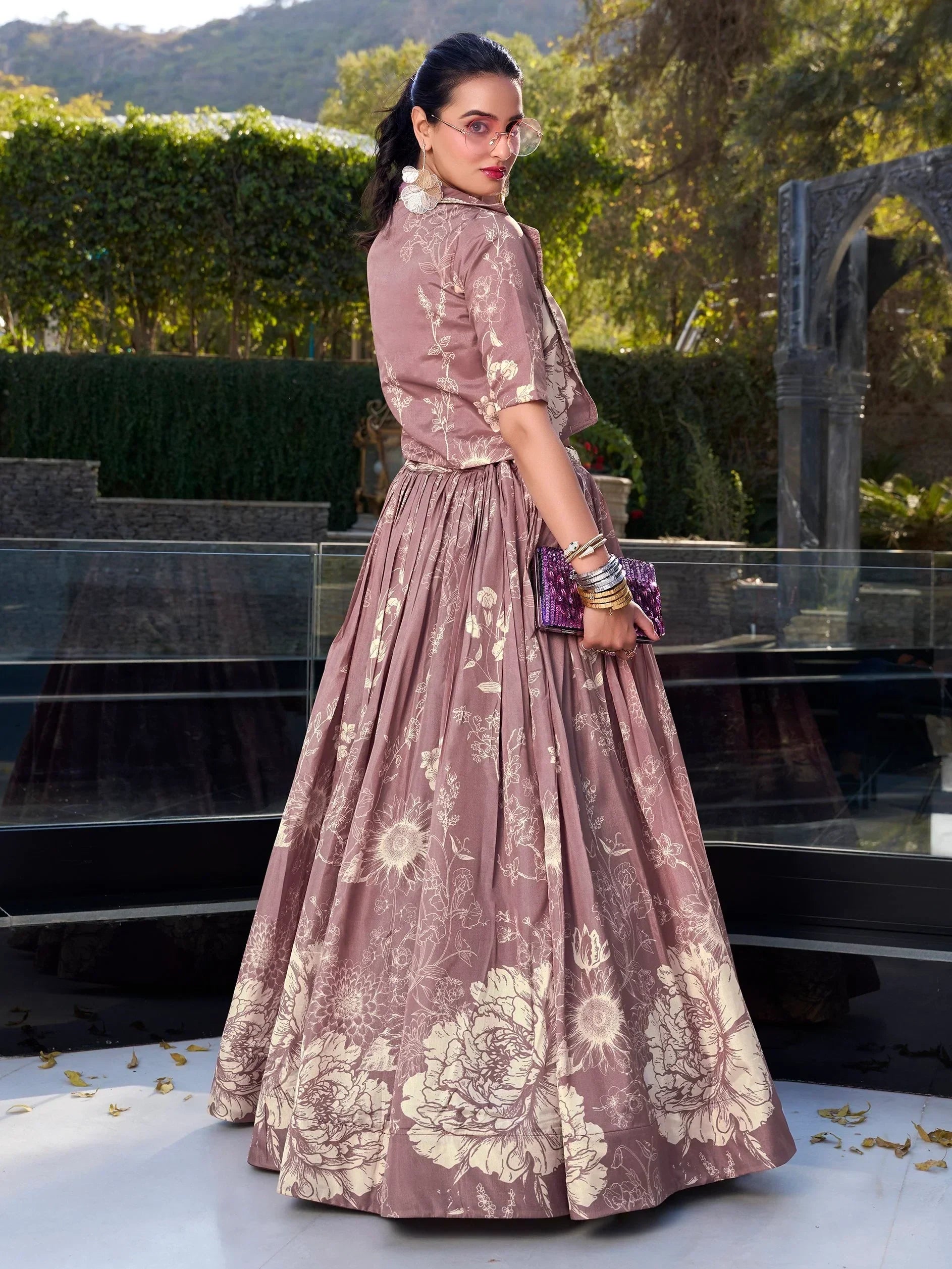 Graceful Mauve Floral Print Tussar Silk Party Wear Crop Top Lehenga With Jacket