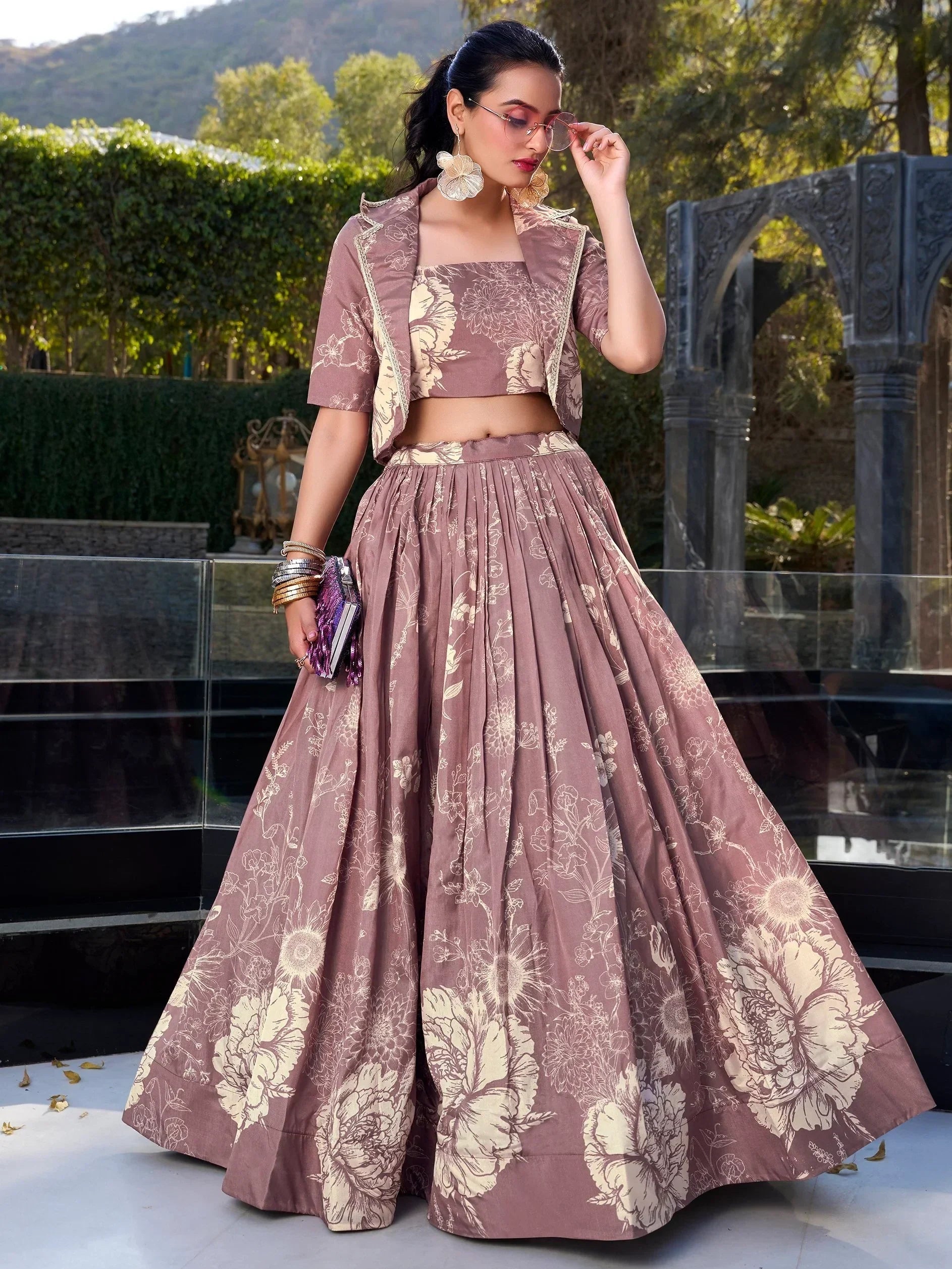 Graceful Mauve Floral Print Tussar Silk Party Wear Crop Top Lehenga With Jacket