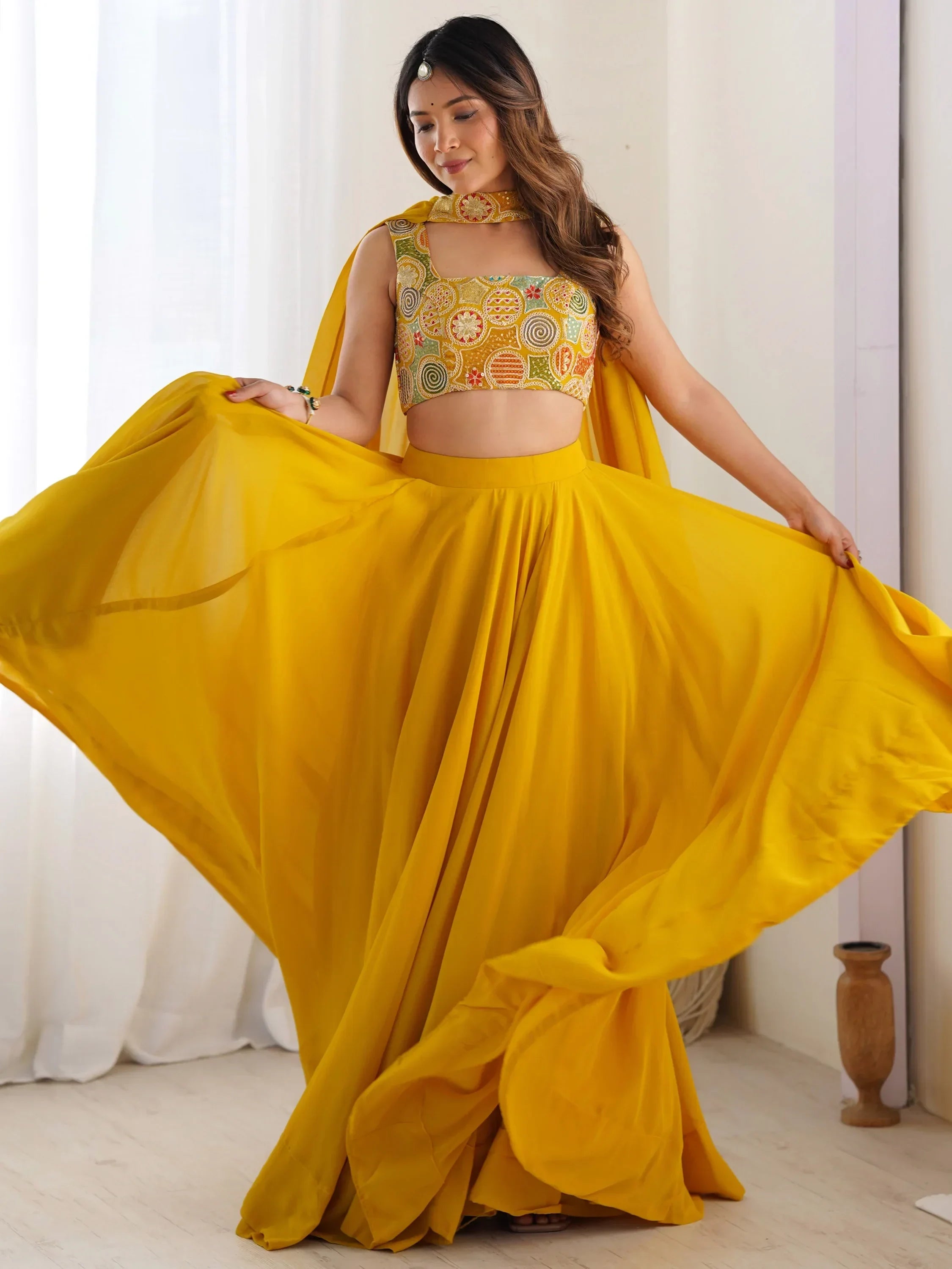 Magnetic Yellow Georgette Haldi Wear Lehenga Choli With Dupatta
