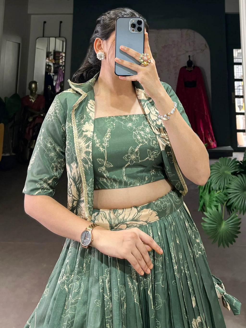 Mesmerizing Bottle Green Printed Tussar Silk Crop Top Lehenga With Jacket