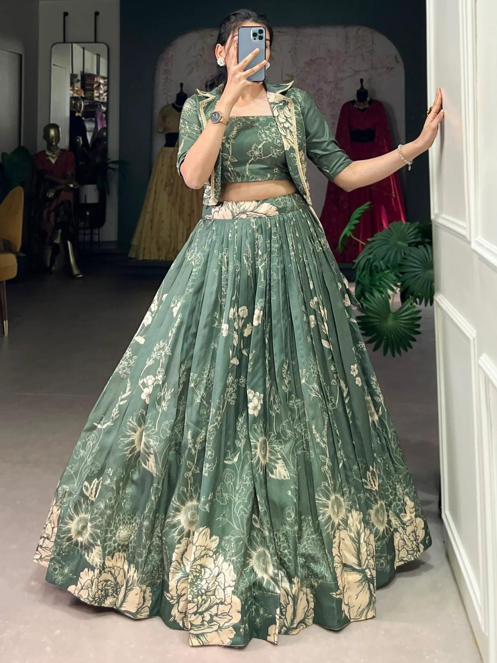 Mesmerizing Bottle Green Printed Tussar Silk Crop Top Lehenga With Jacket