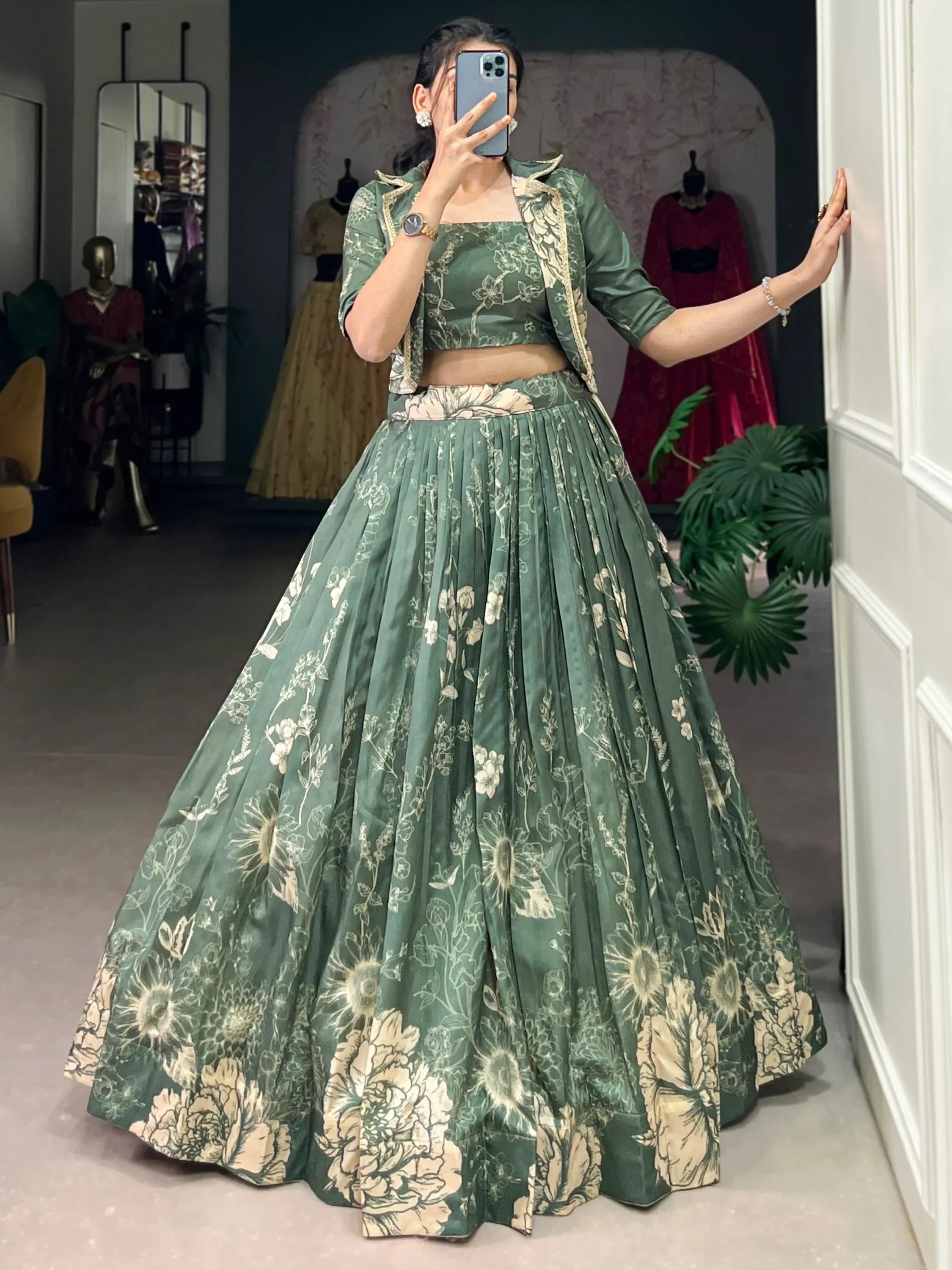 Mesmerizing Bottle Green Printed Tussar Silk Crop Top Lehenga With Jacket