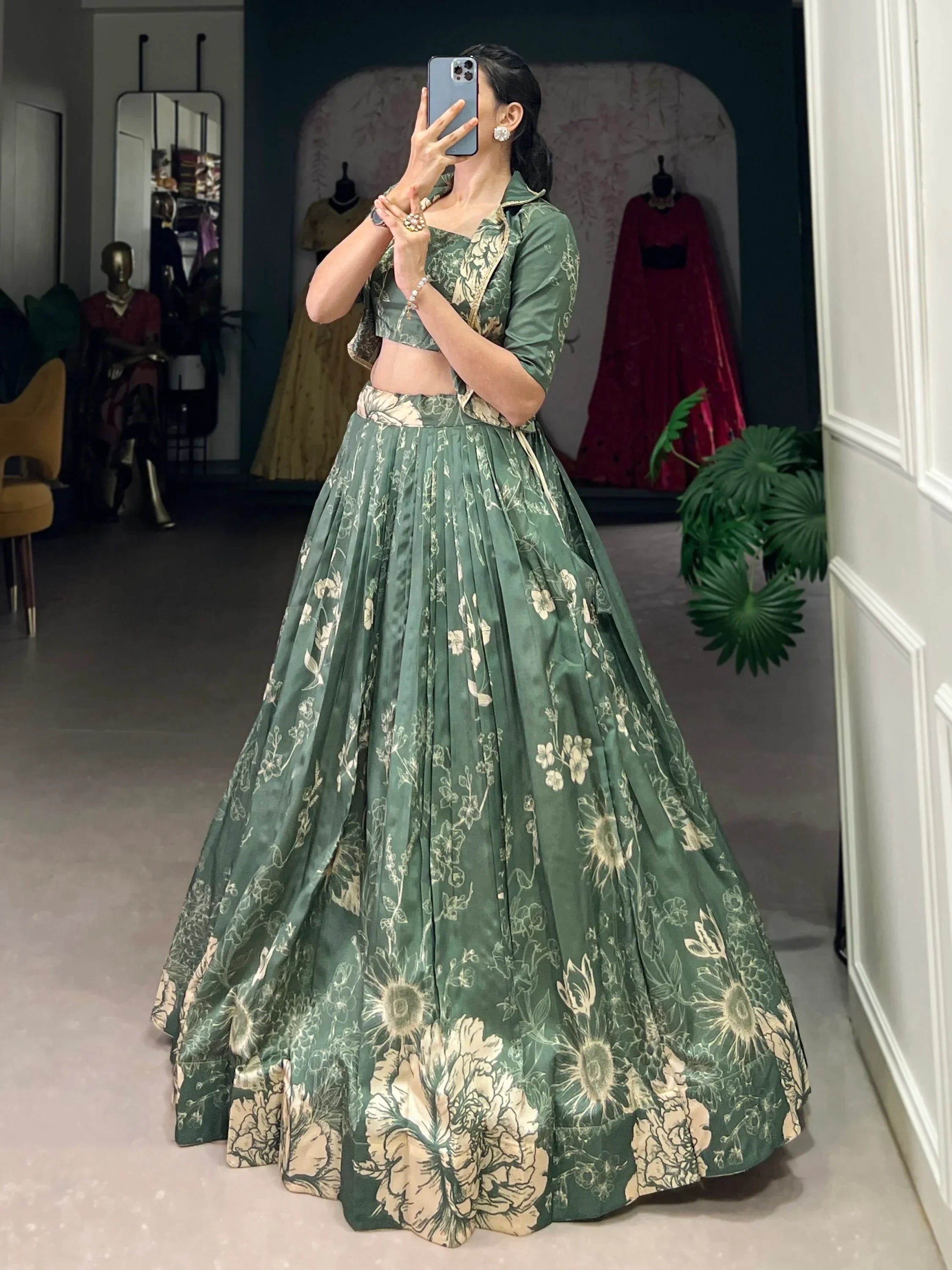 Mesmerizing Bottle Green Printed Tussar Silk Crop Top Lehenga With Jacket