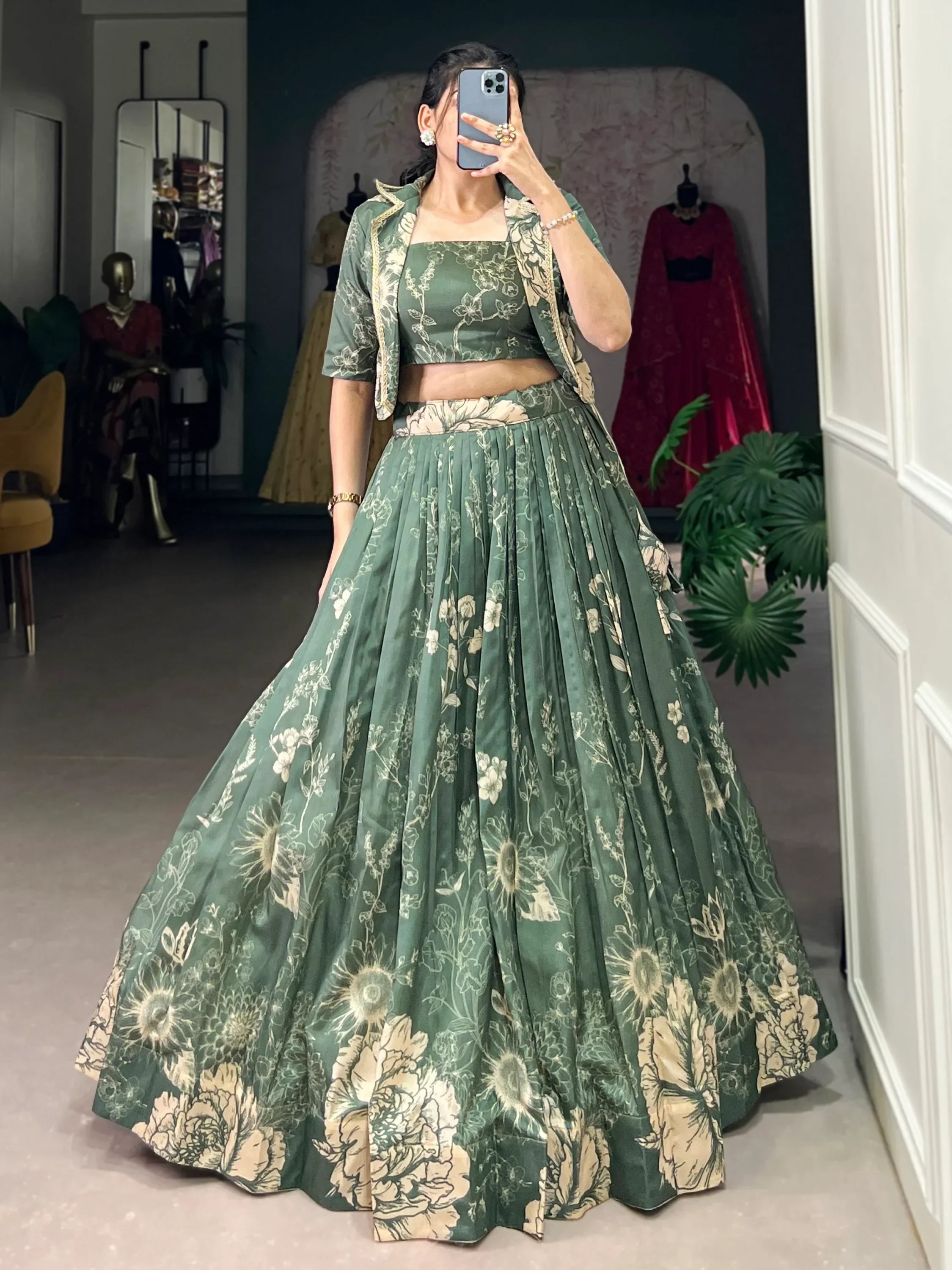 Mesmerizing Bottle Green Printed Tussar Silk Crop Top Lehenga With Jacket