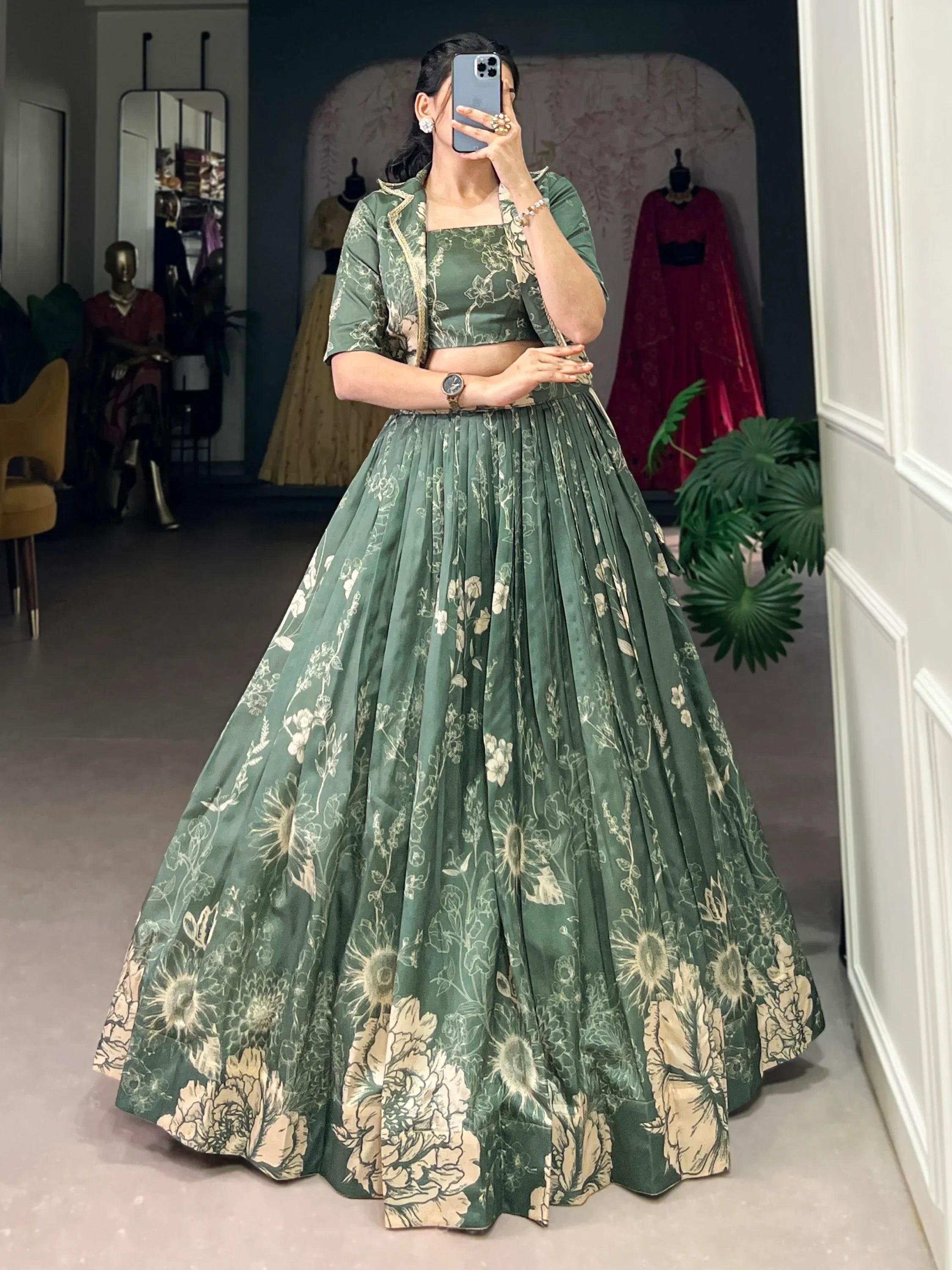 Mesmerizing Bottle Green Printed Tussar Silk Crop Top Lehenga With Jacket