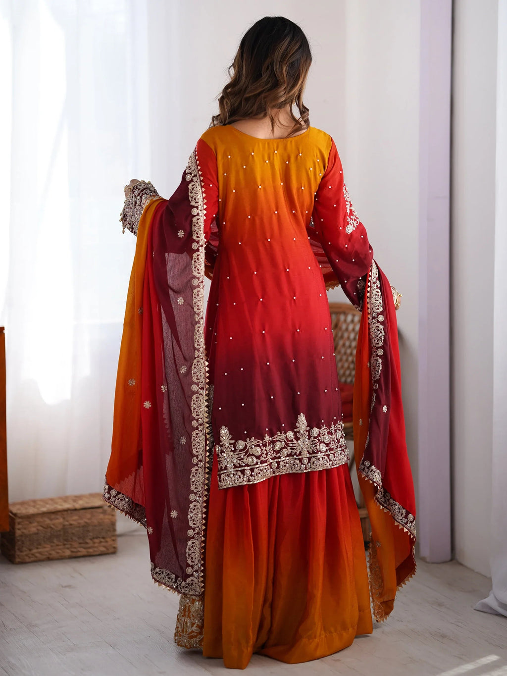 Mesmerizing Orange Chinon Thread Sequins Wedding Wear Sharara Suit