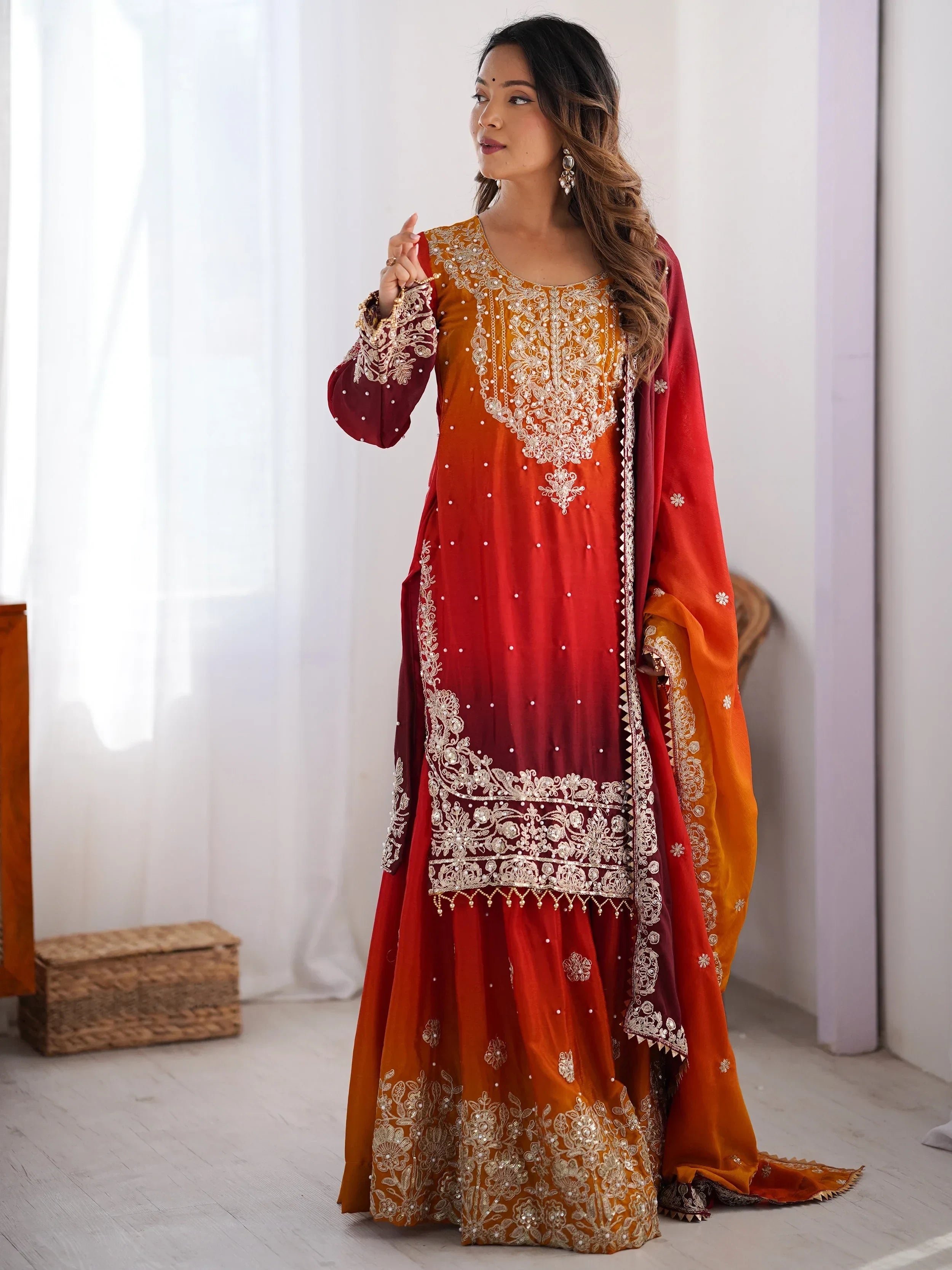 Mesmerizing Orange Chinon Thread Sequins Wedding Wear Sharara Suit