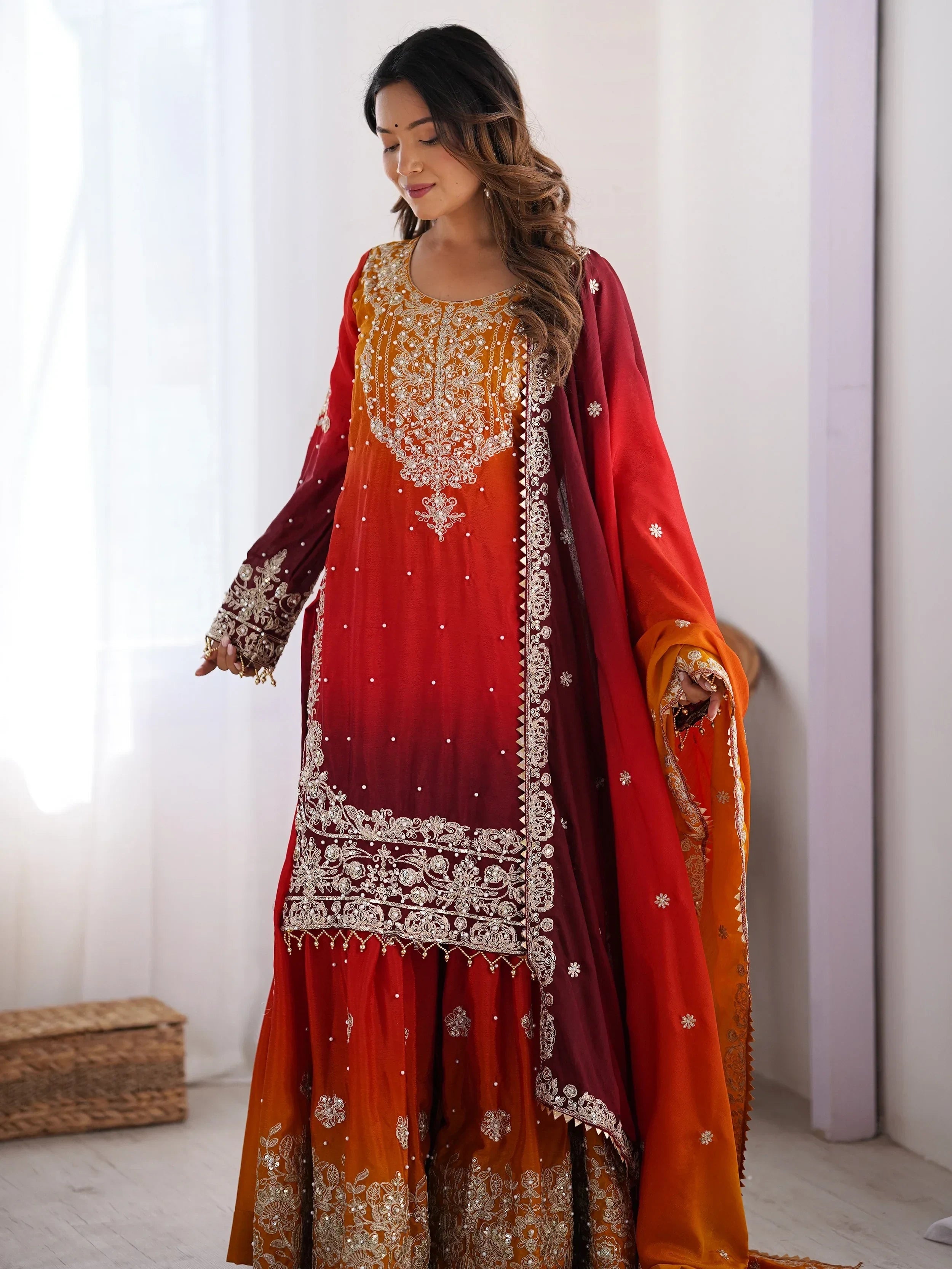 Mesmerizing Orange Chinon Thread Sequins Wedding Wear Sharara Suit