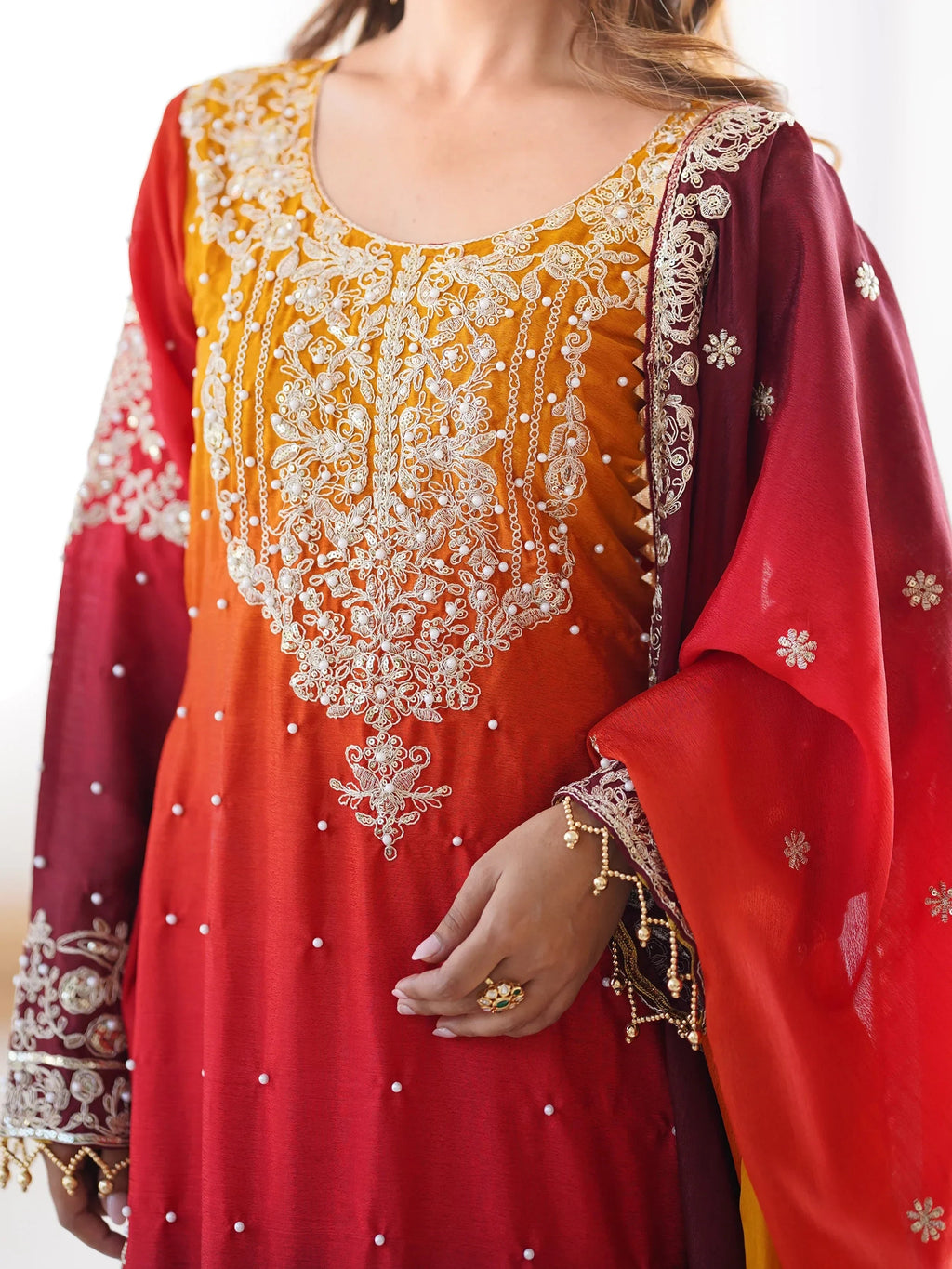 Mesmerizing Orange Chinon Thread Sequins Wedding Wear Sharara Suit