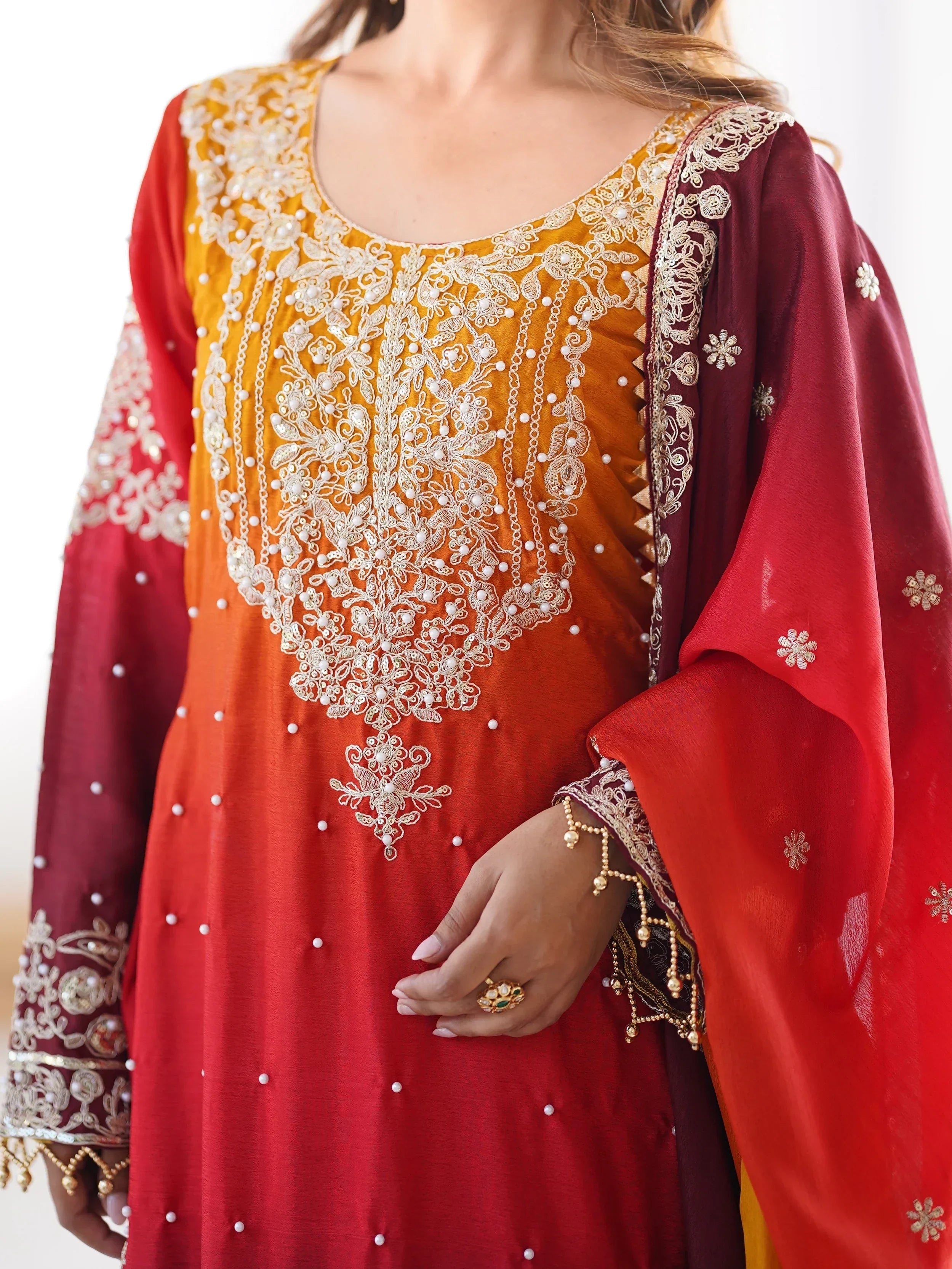 Mesmerizing Orange Chinon Thread Sequins Wedding Wear Sharara Suit