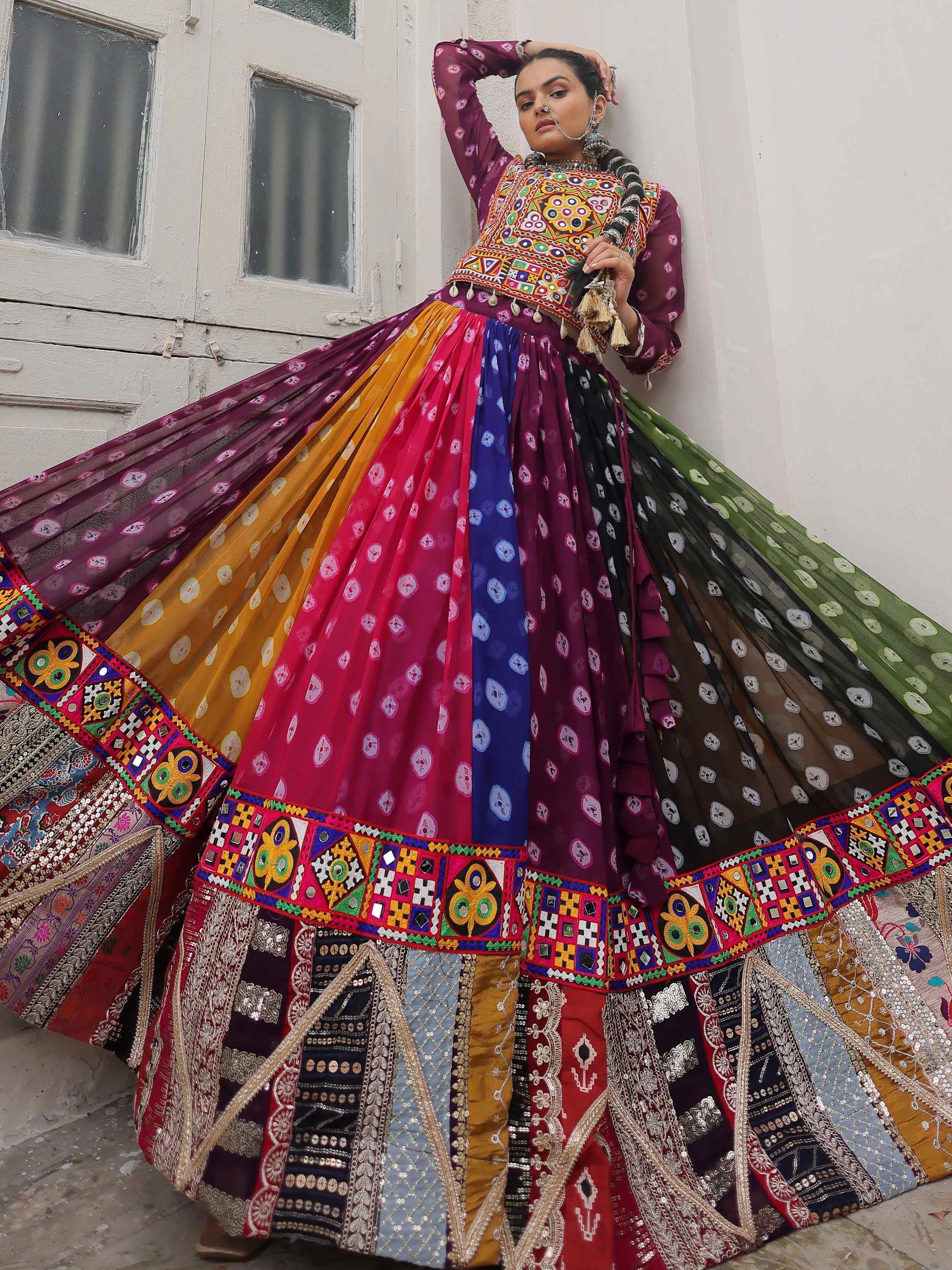 Timeless Multi-Color Georgette Printed Navratri Wear Crop Top Lehenga