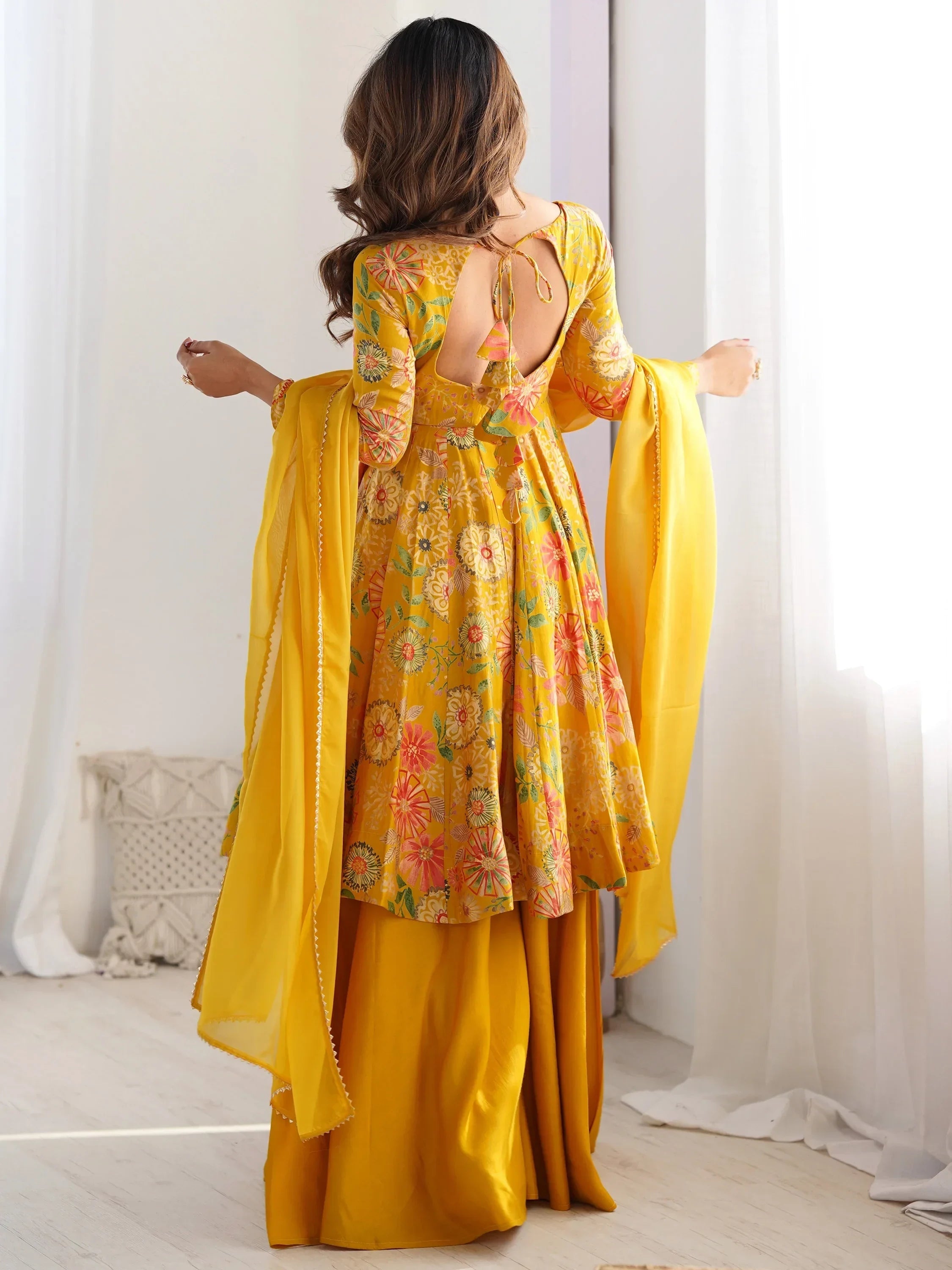Stunning Yellow Floral Printed Silk Designer Palazzo Suit With Dupatta
