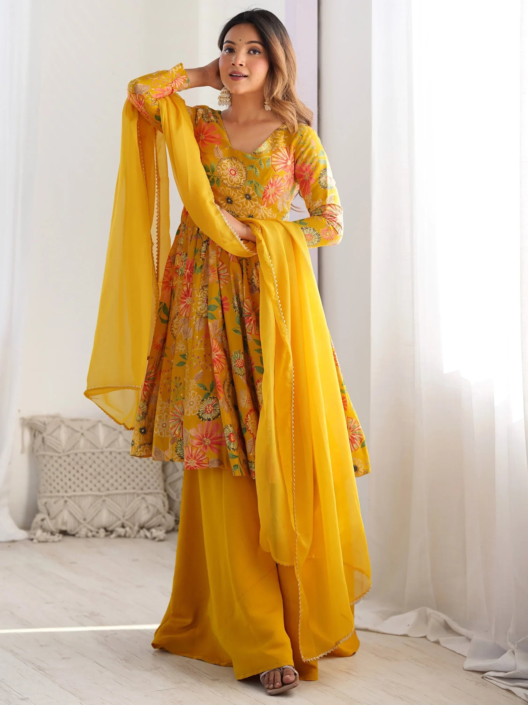 Stunning Yellow Floral Printed Silk Designer Palazzo Suit With Dupatta