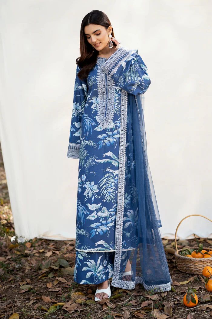 Blue Embroidered Suit Set – White Detailing