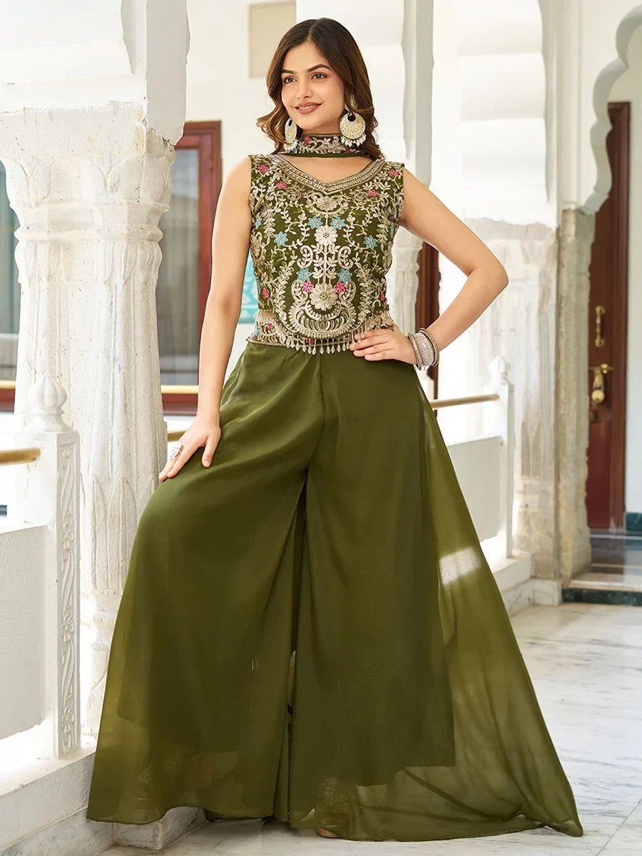 Sweet Green Thread Embroidered Mehendi Wear Palazzo Suit