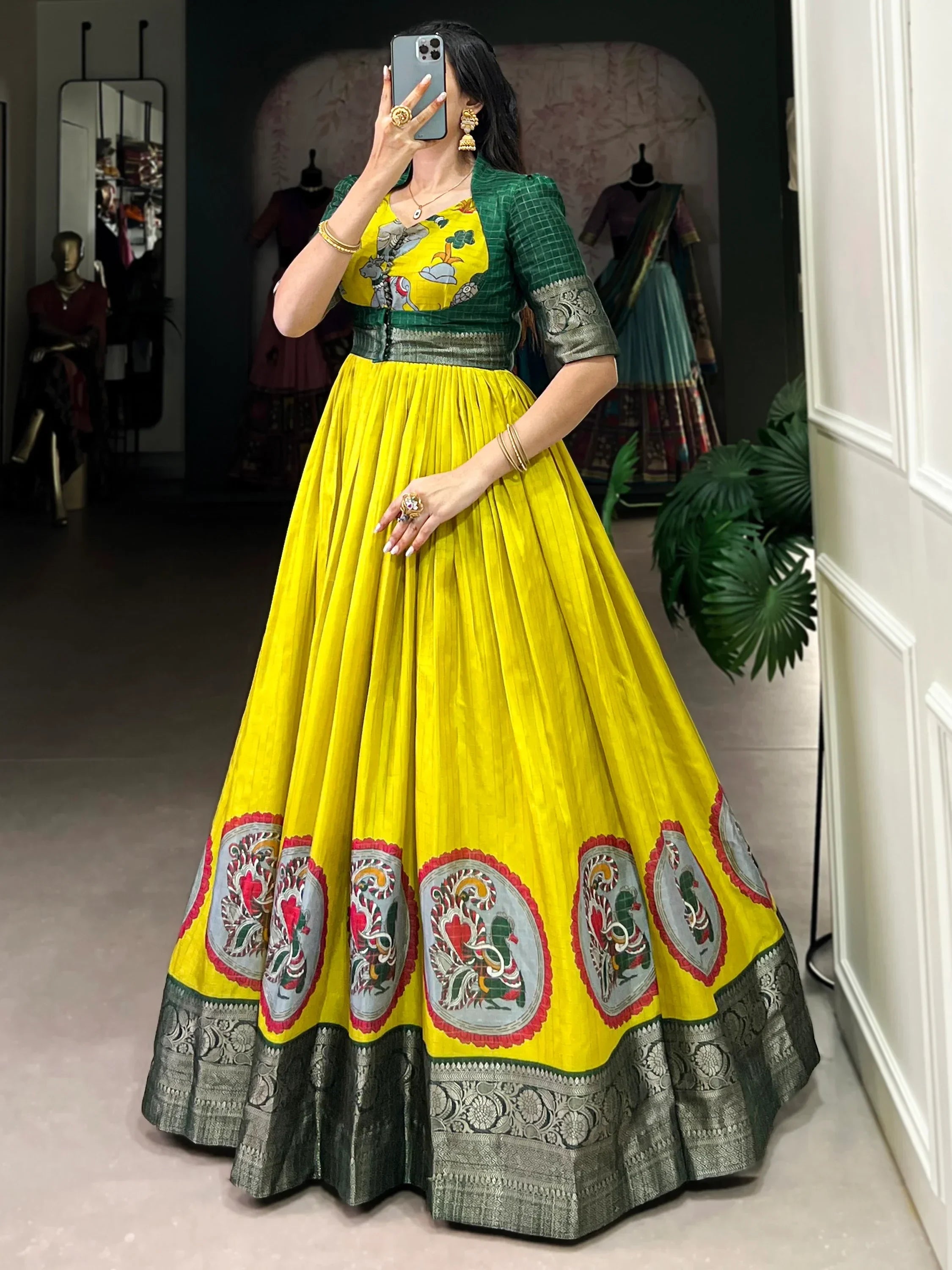 Precious Light Green Kalamkari Printed Silk Gown With Jacket