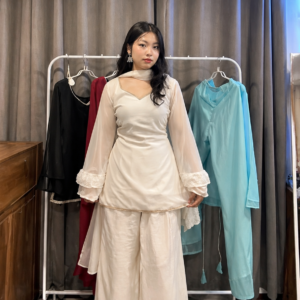 Off White Kurta Set with Palazzo & Sheer Sleeves With Dupatta